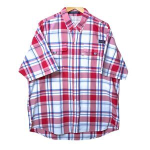 Columbia PFG Mens XXL Shirt Short Sleeve Button Up Red Plaid Vented Fishing